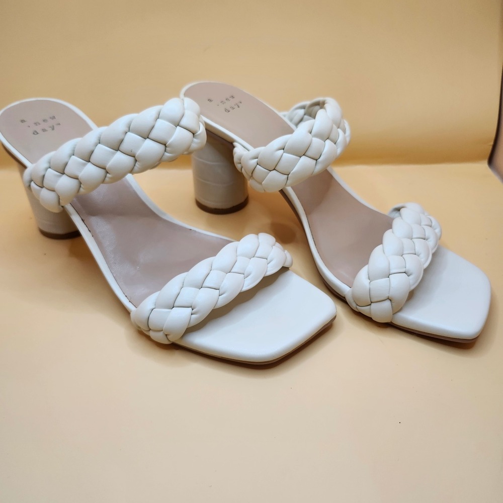 A New Day‎ Heeled Sandals Braided Straps Block Heel Square Toe Off White Size 9 - Picture 2 of 7